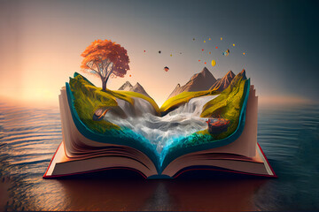An open magic book with fantasy nature like water, and land.