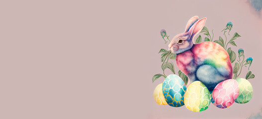 Fototapeta na wymiar Watercolor easter rabbit with eggs. Banner with copy past. AI generative.