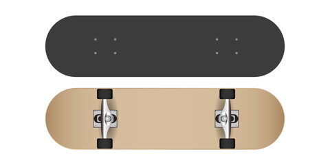 Skateboard realistic front and back side vector mockup isolated on white background.