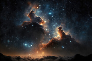 Obraz na płótnie Canvas A space background with nebula and stars, cloudy night with lot of stars, Generative AI