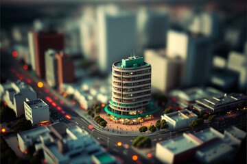 Illustration of a complete set of a miniature city - tilt shift camera view -  Building, parks, bridges, houses, markets... - Created with Generative Ai Technology