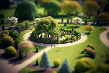 Illustration of a complete set of a miniature city - tilt shift camera view -  Building, parks, bridges, houses, markets... - Created with Generative Ai Technology