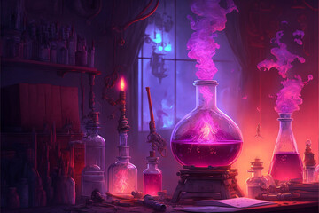 Fantasy Pink Love Magic Potions in an Alchemy or Chemistry Lab Illustration Generative AI - obrazy, fototapety, plakaty