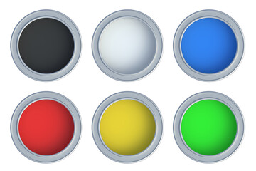 Set of open colorful paint cans isolated on white background. Top view. 3d render