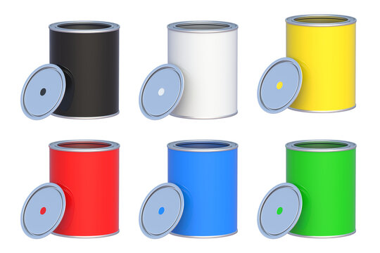 Set of colorful paint cans isolated on white background. 3d render