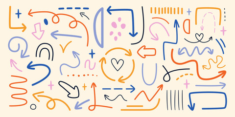 Colored doodle arrows and lines flat icons set. Straight or curly line points in particular direction