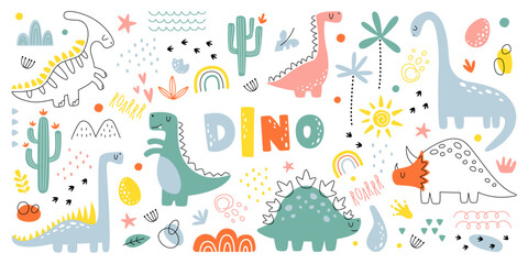 Hand drawn abstract shapes flat icons set. Minimalistic colorful dinosaur arts. Jurassic period © Mykola Syvak