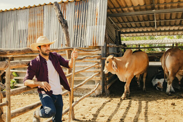 Caucasian handsome male worker cowherd in Brahman meat farm working outdoors holding rake to clean in a hygienic cowshed standing by the fence for break in the sweltering april weather in Thailand.