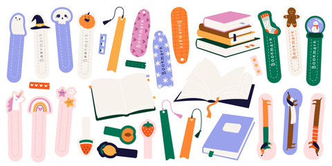 Bookmarks flat icons set. Strip of leather, cardboard, or other material for mark place in book