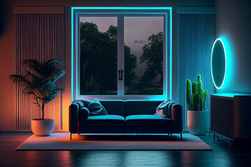 Living room sofa interior with neon lights in the evening, furniture and floor-to ceiling glass wall with futuristic neon city view. Smart home concept