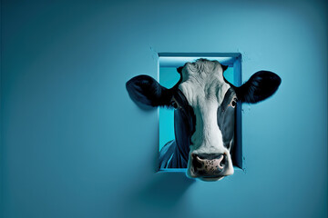Created with Generative AI technology. Funny cow isolated on a blue background