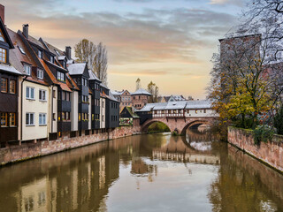 Henkerbrücke and waterfront buildings on the River Pegnitz, Nuremberg, Germany