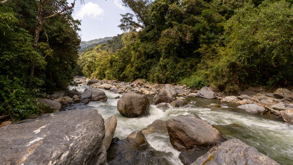 Fototapeta na wymiar image of a river with plenty of water, large rocks and vegetation