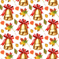 Watercolor pattern golden metal bell with a red bow and autumn leaves on a white background. Seamless school bell, vintage bell. Back to school, the event is the beginning of the school year. Drawn