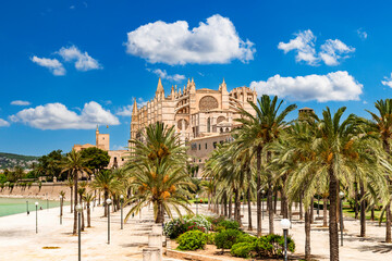 Palma de Mallorca - Parc de la Mar with La Seu Cathedral and Almudaina Palace in the background - 4046 - obrazy, fototapety, plakaty
