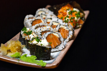 Sushi Pieces with Black Background 