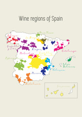 Spain wine map. Map of Spain vineyards with wine regions in Spanish language, like La Rioja, Galicia, Catalunya