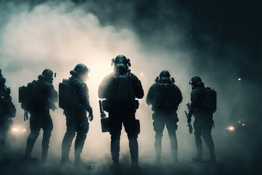Policemen in SWAT team, in full riot gear at night, surrounded by smoke, mist, haze by generative AI