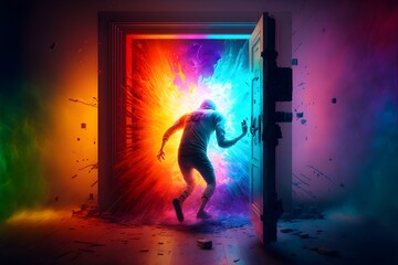 Person running out through the door, rgb color explosion, insane, generative AI