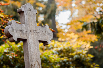krzyż na cmentarzu jesienią