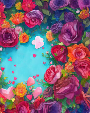 beautiful background of flowers and hearts. bouquet of roses. illustration. generative ai.