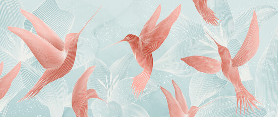 Luxury art background with hummingbirds in pink and blue with white elements in line style. Animalistic banner for decoration, print, textile, wallpaper, packaging, interior design.
