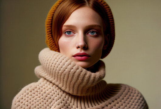 Beautiful woman in beige knitwear. AI generated image.
