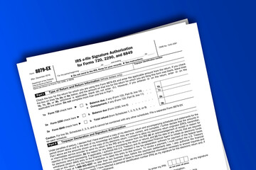 Fototapeta premium Form 8879-EX documentation published IRS USA 07.17.2012. American tax document on colored