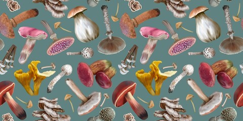 Watercolor seamless mushroom pattern. Realistic mushrooms. autumn pattern - obrazy, fototapety, plakaty