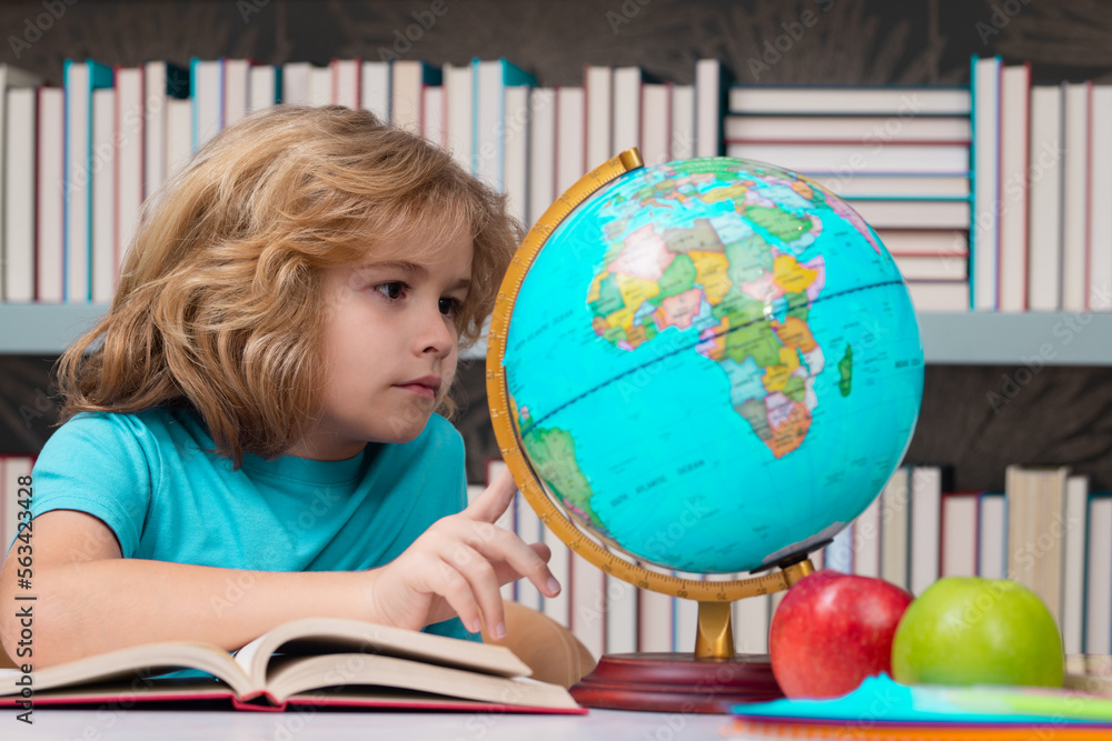 Poster back to school. funny little child from elementary school with book. education. kid study and learni