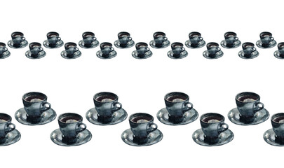 Staggered grey ceramic cups with saucers. Watercolor coffee cup seamless border in 2 sizes. For cards, invitations, scrapbooking, duct tape, ribbon, stationery and packaging design