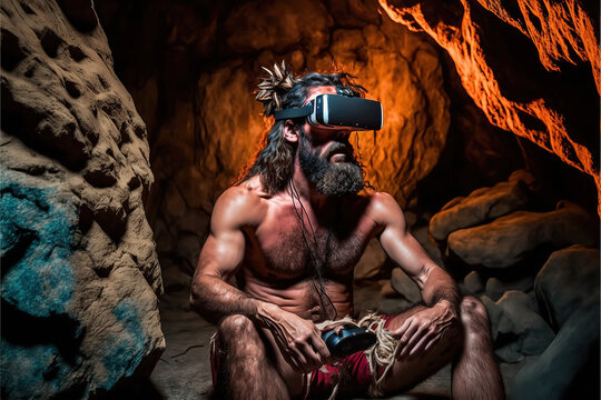 caveman wearing vr headset device, generative ai