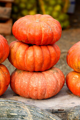 Organic pumpkins for sale on roadside stall jn countryside of Brazil