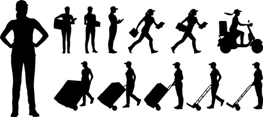 Silhouettes set of delivery female worker holding cardbord box and folder in different poses. Delivery woman on a scooter. Vector flat style illustration isolated on white. Full length view	