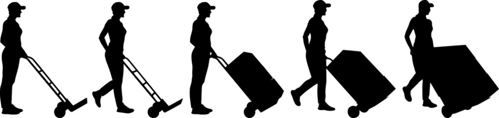 Silhouettes set of delivery female worker. Delivery woman worker with a cart for cargo. Warehouse worker. Vector flat style illustration isolated on white. Full length view	