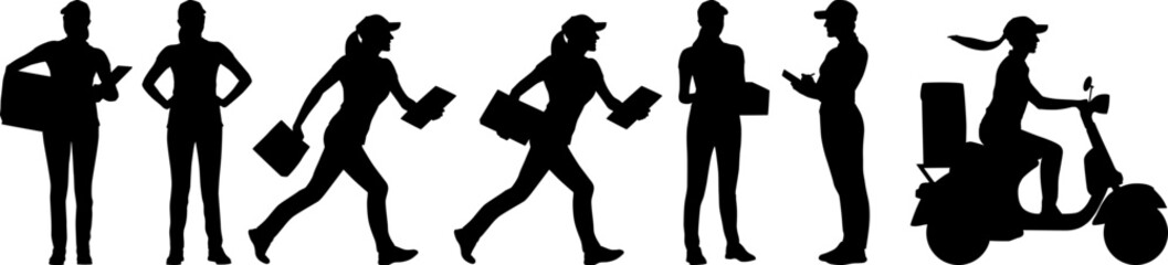 Silhouettes set of delivery female worker holding carbord box and folder in different poses. Delivery woman on a scooter. Vector flat style illustration isolated on white. Full length view	