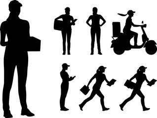 Silhouettes set of delivery female worker holding cardbord box and folder in different poses. Delivery woman on a scooter. Vector flat style illustration isolated on white. Full length view	