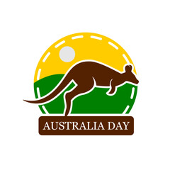 Kangaroo icon with green land and sunny sky isolated on white background, jumping kangaroo round sticker with Australia day text written below kangaroo, icon for Australia day, vector illustration