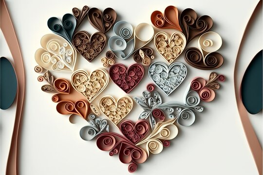 Paper quilling artwork of heart on white background