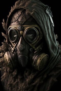illustration of apocalyptic character with gas mask,image generated by AI