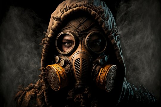 illustration, apocalyptic character with gas mask, image generated by AI