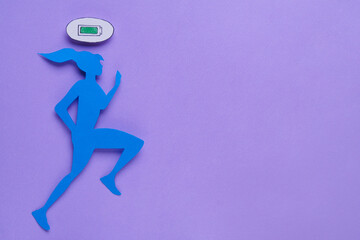 Woman`s health. Paper female figure running on lilac background, top view. Space for text