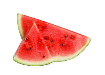 Slices of delicious ripe watermelon on white background