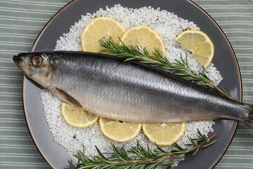 Delicious salted herring, rosemary, salt and lemon on table, top view