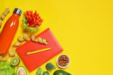 Weight loss concept. Flat lay composition with notebook, thermo bottle, measuring tape and different products on yellow background, space for text