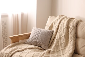 Fototapeta na wymiar Stylish living room interior with cozy sofa, pillow and elegant tulle