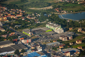 Obraz premium The city of Bistrita seen from the plane in August 2020 Bistrita, Romania,