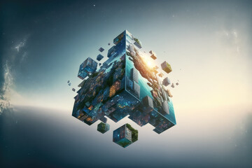 Abstract multiverse world with cubic landscape of nature and city . Creative surreal earth environment by puzzle artwork construction .. Peculiar AI generative image. - Powered by Adobe