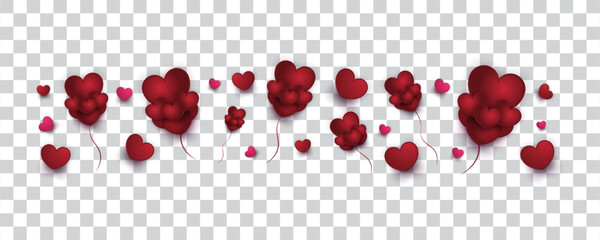 Cute Red Heart Balloons Illustration Isolated on Transparent Background. Valentine's Day Decoration Elements
