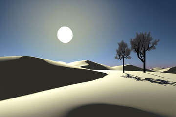 Sparse, abstract winter landscape. Snow covered rolling hills with a few scattered trees and the low lying orb of the sun